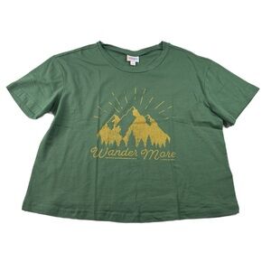 Green Cropped Boxy Tee with Gold Mountain Design - Wander More